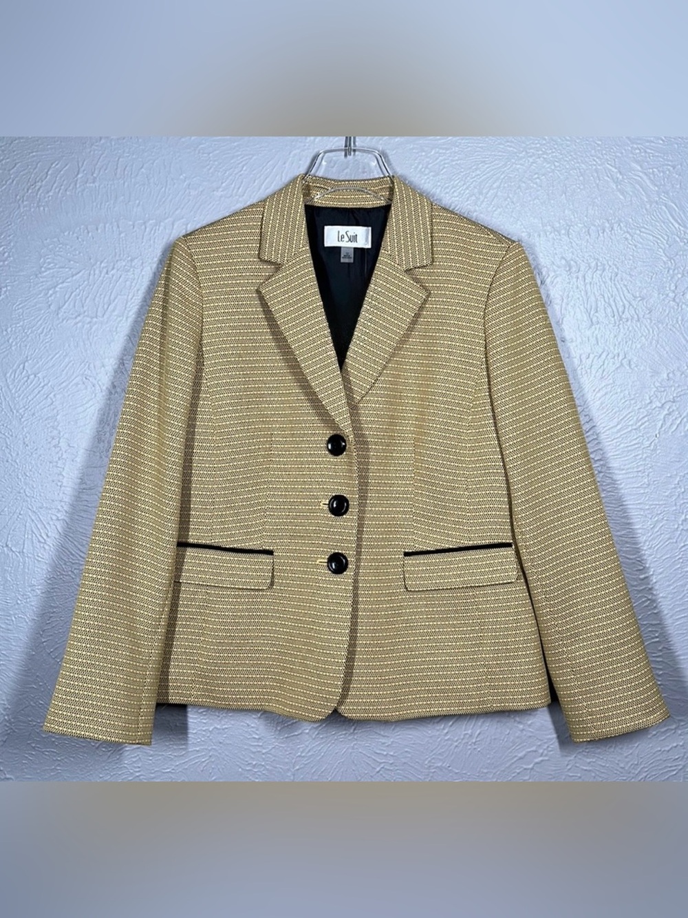 NWT Le Suit Zest Yellow & Black Patterned 3 Button Up Jacket Blazer Size…